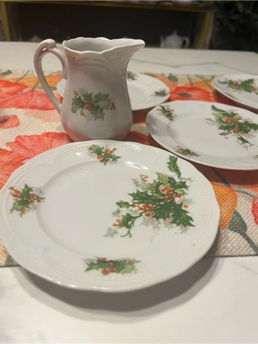 Vintage Germany Christmas Holly Berry Dessert Plate Set Creamer Sugar Pot